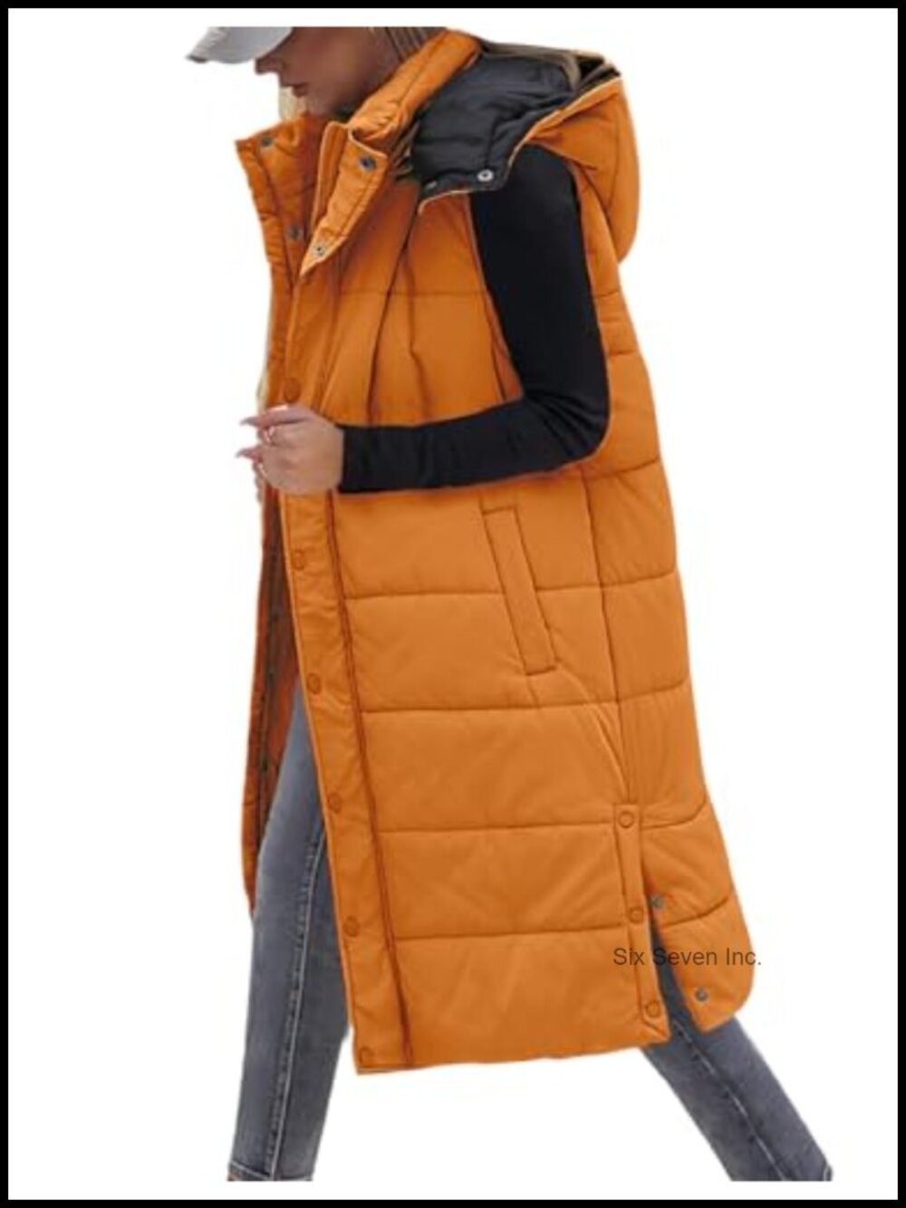 Long Hooded Puffer Vest Sleeveless Quilted Winter Coat with Pockets